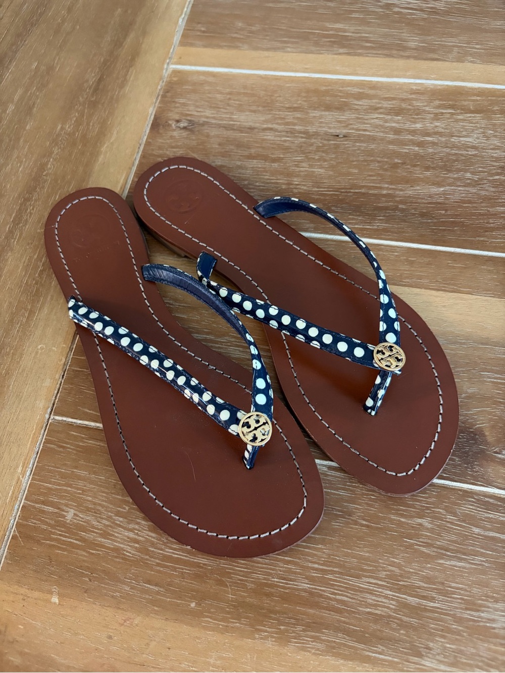 Tory Burch Navy Polka Dot Leather Thong Flip Flop Sandals Women’s Size 6.5